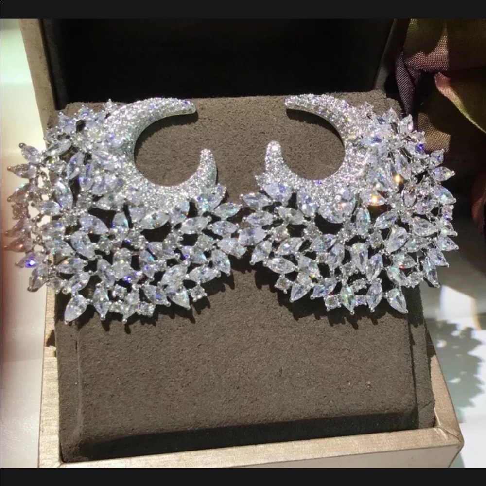 18k White Gold GF Cuff Earrings made w Swarovski Diamond Marquise Stone Gorgeous